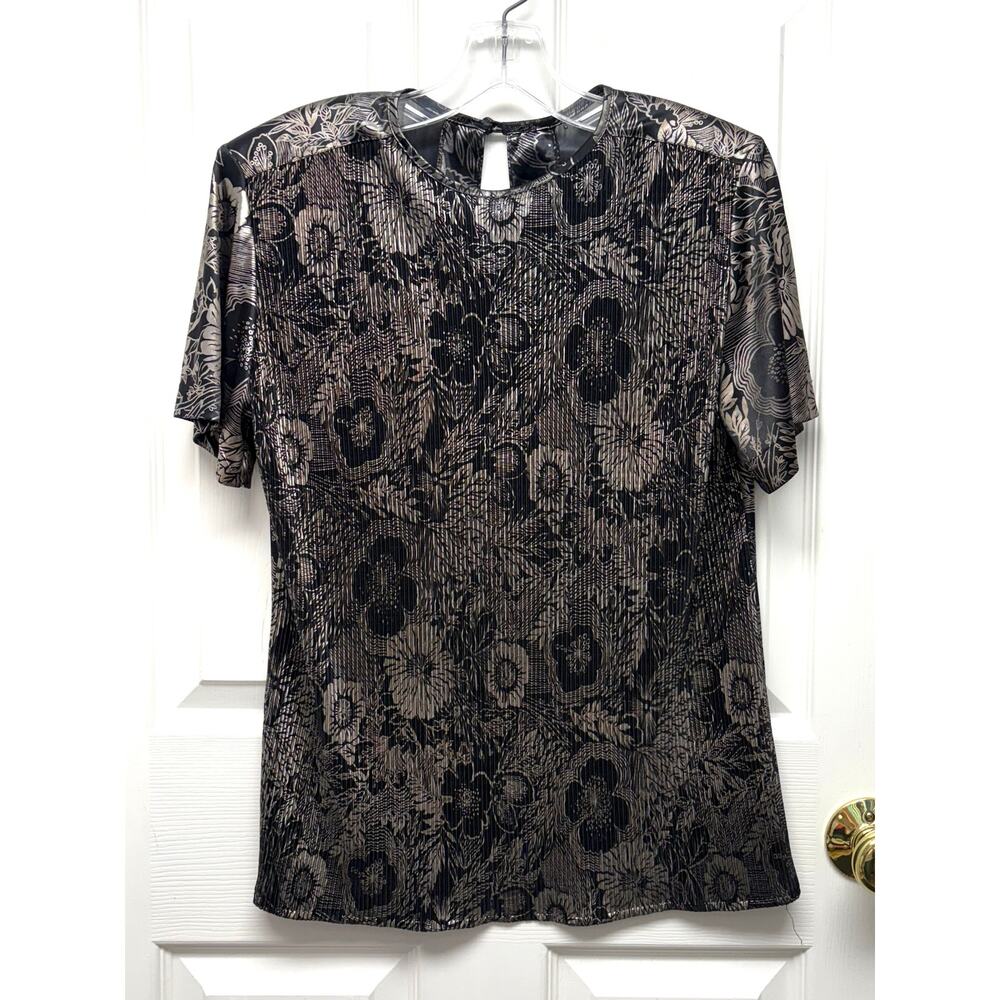 Notations Blouse Vintage Floral Textured Shimmer Size M Crew Neck Sheer Back